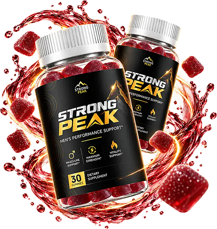 Strong Peak gummy bottles surrounded by red gummies